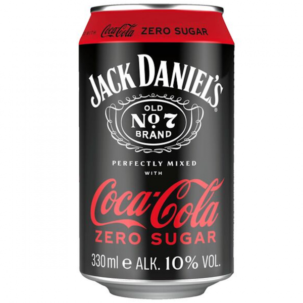 Dose Jack Daniel’s & Coca‑Cola Zero, schwarz‑rote Dose, Whiskey‑Cola‑Zero Mixgetränk
