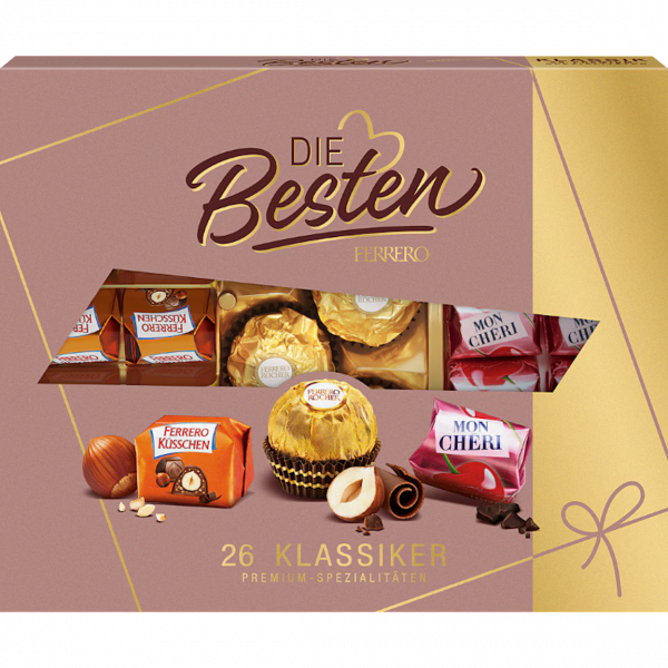 Ferrero Die Besten 269 g – Geschenkbox mit Rocher, Küsschen und Mon Chéri, edel arrangiert in gold‑braunen Tönen.