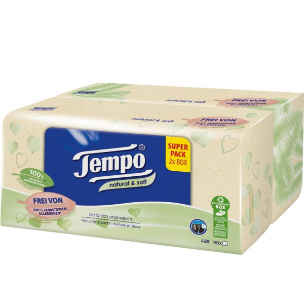 Tempo Duo‑Box Natural & Soft – 180 ungebleichte, extra weiche Premium‑Tücher. Natürlich, sanft & nachhaltig.