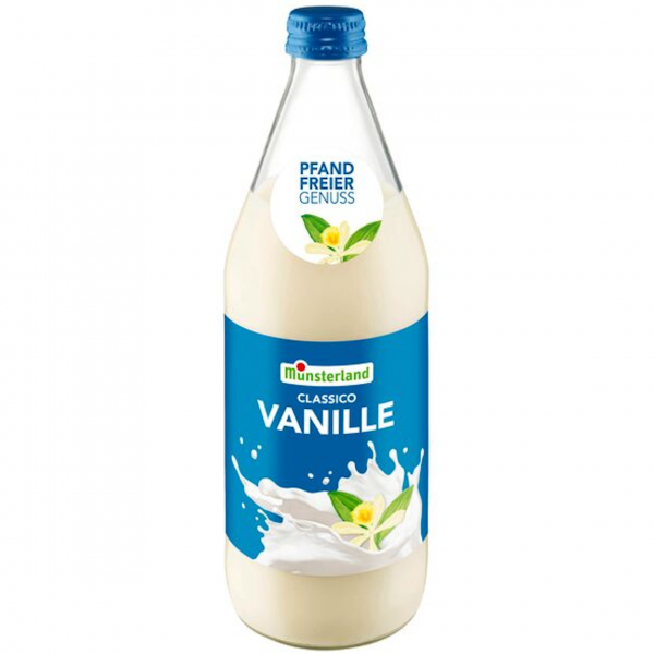 Cremiger Münsterland Vanille‑Drink in der Glasflasche – mild, frisch und vanillig.