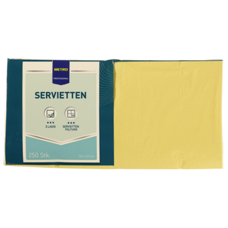 Fasana Servietten Gelb 33 x 33 cm, 3 lagig, 1/4 Falz (250 Stück)