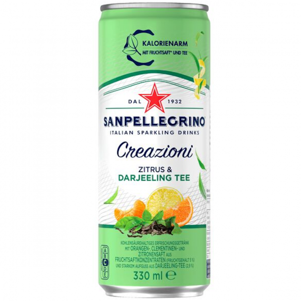 San Pellegrino Creazioni Zitrus & Darjeeling – italienisches Erfrischungsgetränk in 0,33‑L‑Dose.