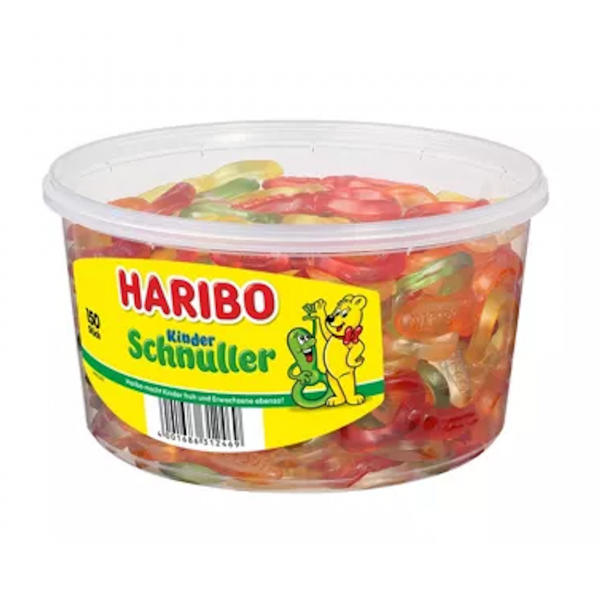 Bunte Haribo Kinderschnuller in der großen Runddose – fruchtig, weich und ideal zum Snacken.